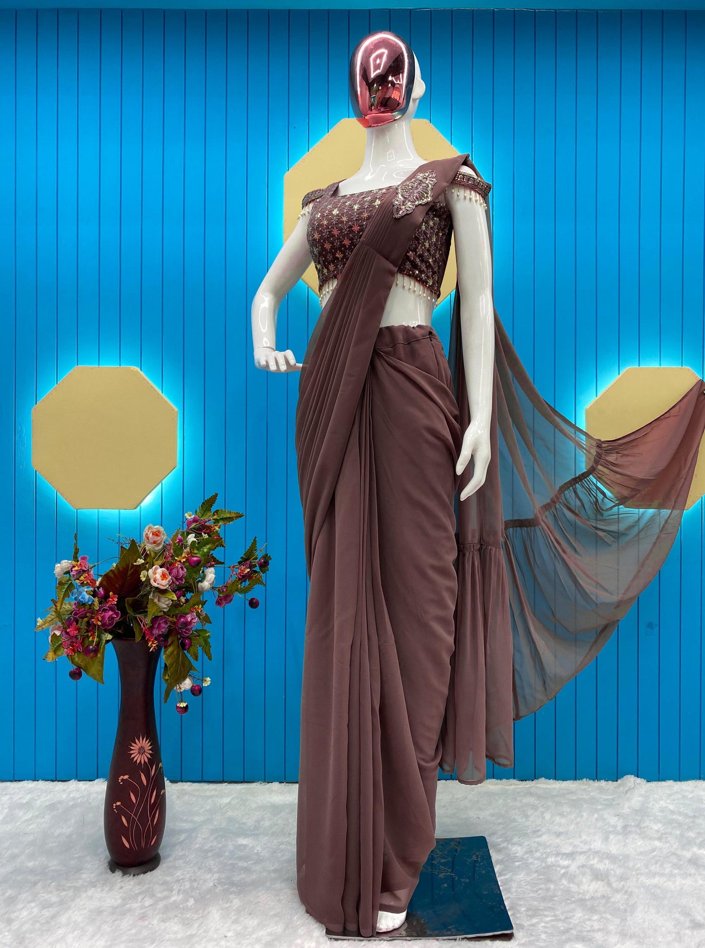 NEW FANCY READY TO WEAR FAUX GEORGETTE SEQUENCE PATCH WORK SAREE